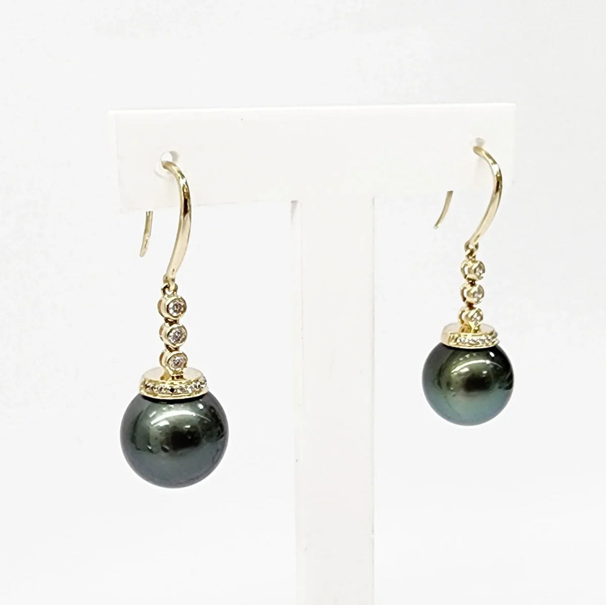 9ct Yellow Gold 11mm Round Tahitian Black Pearl with Cubic Zirconia Hook Earrings - TZZ01