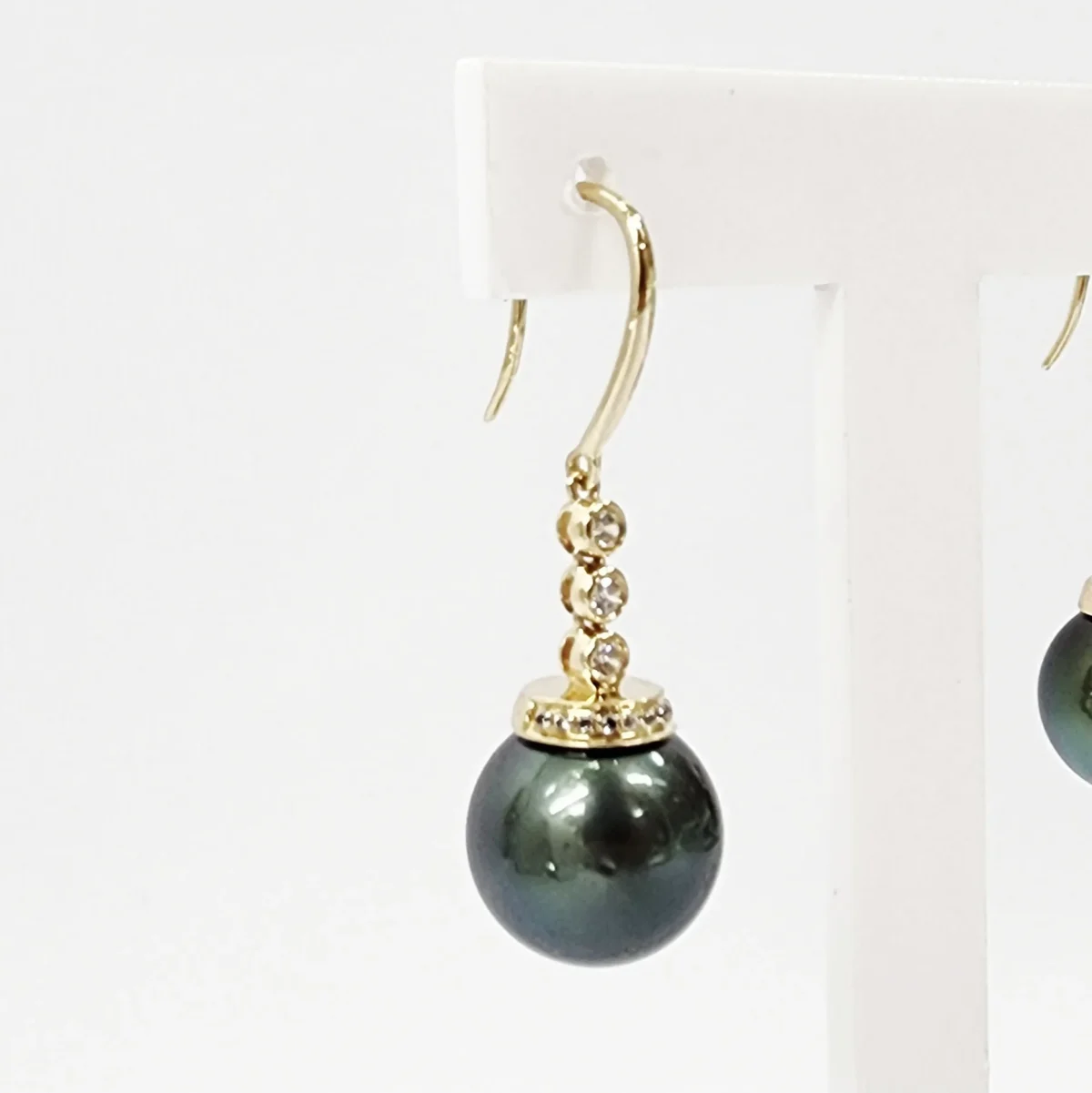 9ct Yellow Gold 11mm Round Tahitian Black Pearl with Cubic Zirconia Hook Earrings - TZZ01