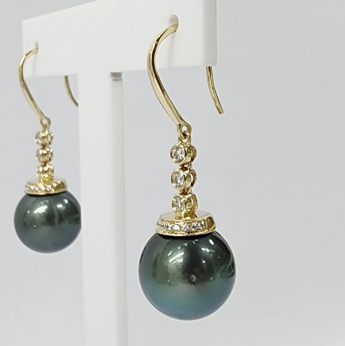 9ct Yellow Gold 11mm Round Tahitian Black Pearl with Cubic Zirconia Hook Earrings - TZZ01