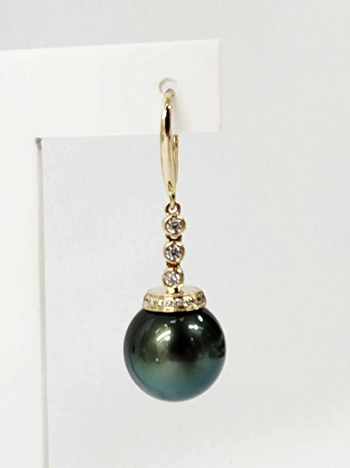 9ct Yellow Gold 11mm Round Tahitian Black Pearl with Cubic Zirconia Hook Earrings - TZZ01