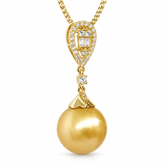 9ct Yellow Gold 12mm Round Southsea Golden Pearl with Cubic Zirconia Setting Pendant - YP20041155/3