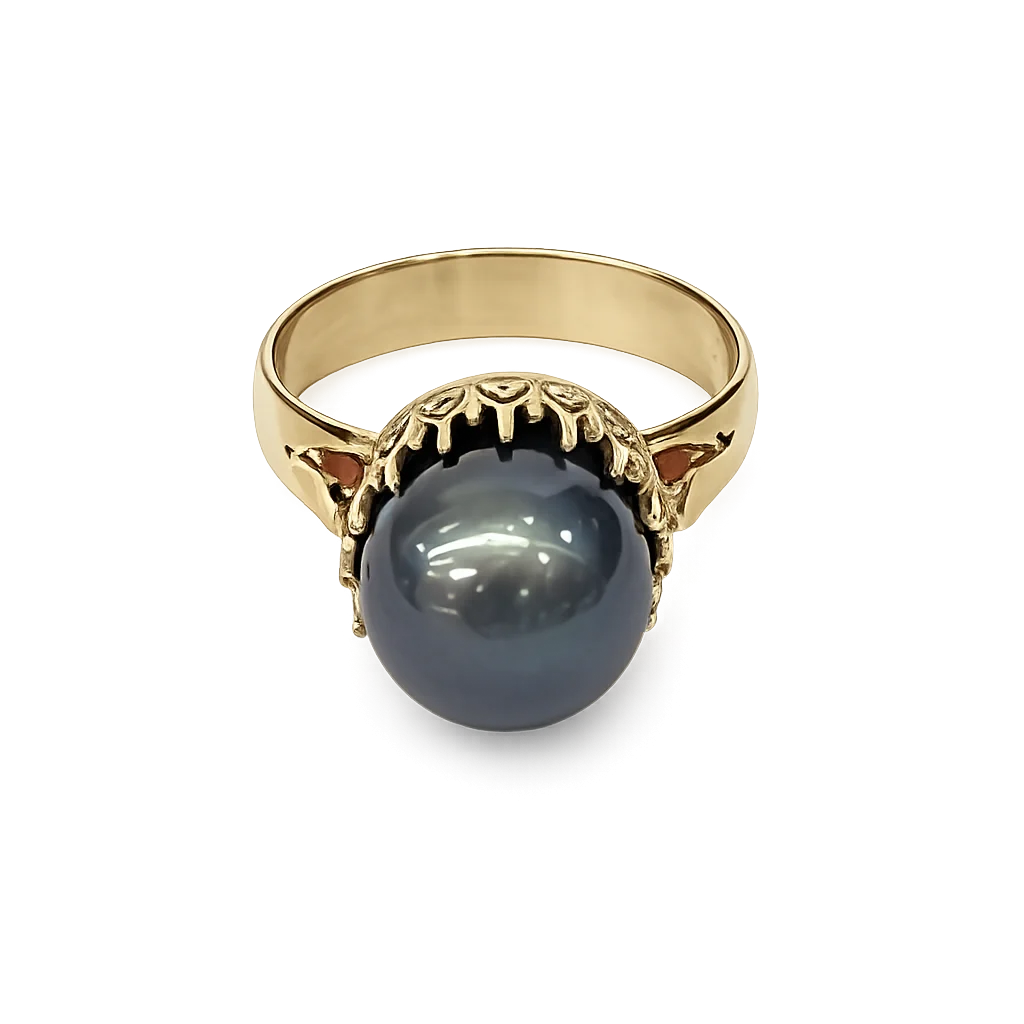 9ct Yellow Gold 12mm Tahitian Black Pearl Ring – Deep Grey Pearl with Peacock Overtones - 9CTYLZTBP