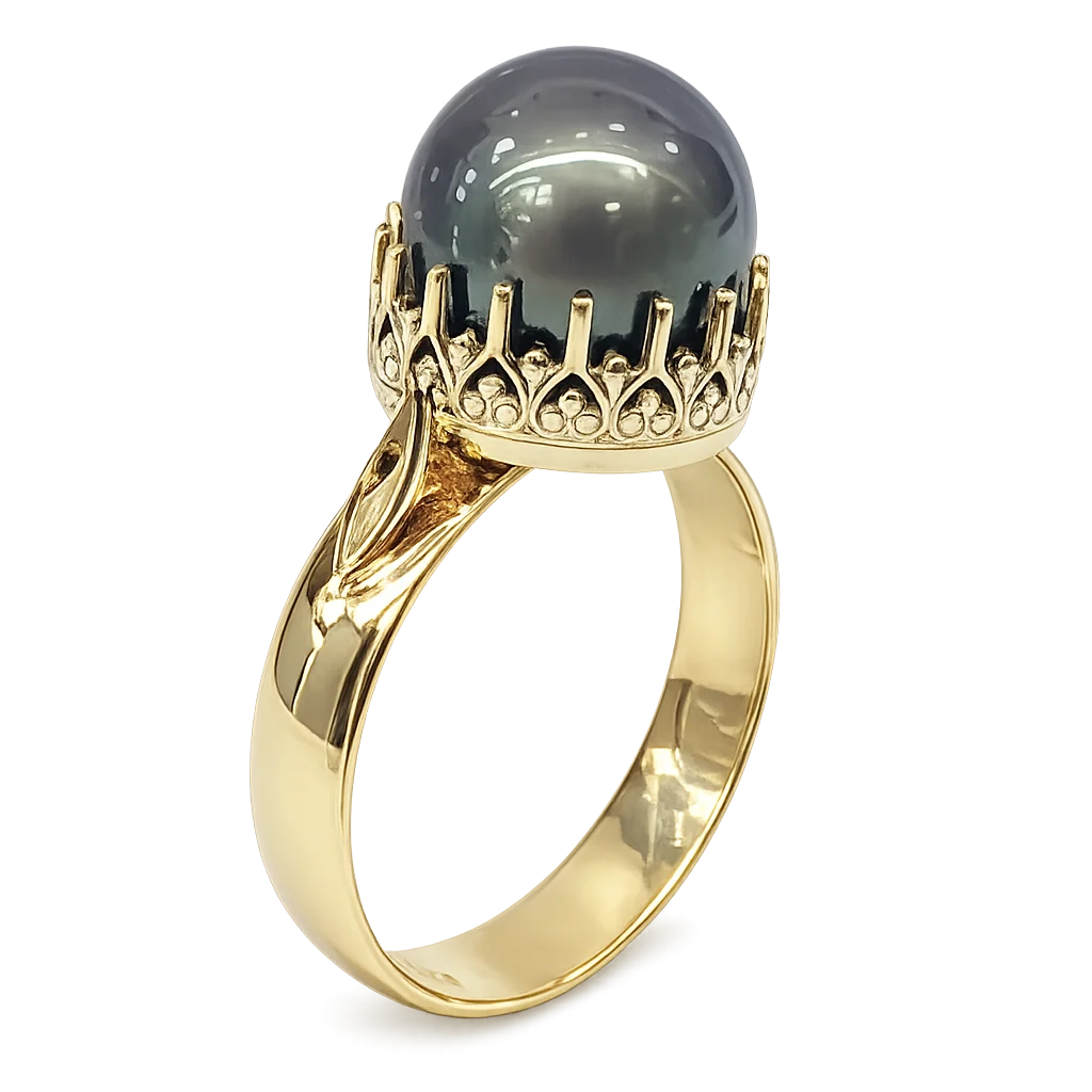 9ct Yellow Gold 12mm Tahitian Black Pearl Ring – Deep Grey Pearl with Peacock Overtones - 9CTYLZTBP