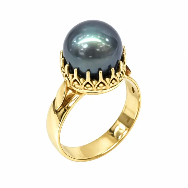 9ct Yellow Gold 12mm Tahitian Black Pearl Ring – Deep Grey Pearl with Peacock Overtones - 9CTYLZTBP