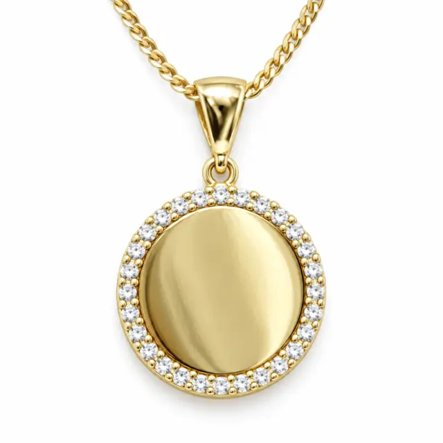 9ct Yellow Gold 13.6mm Plain Disc With CZ Border Pendant