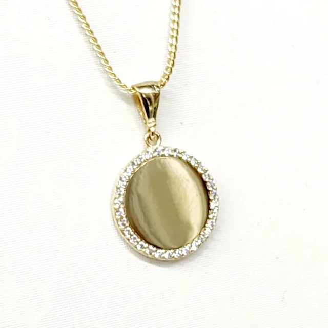 9ct Yellow Gold Bevelled Edge Rectangle Gold Plate with CZ Border Pendant