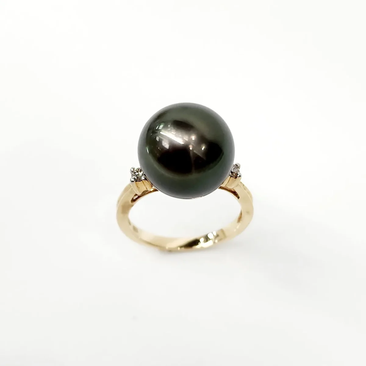 9ct Yellow Gold 13mm Tahitian Black Pearl Ring with Diamond Setting