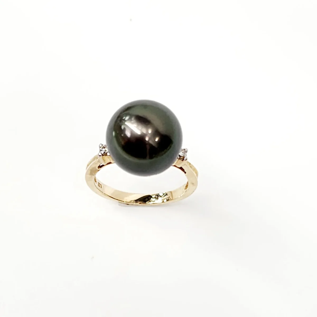 9ct Yellow Gold 13mm Tahitian Black Pearl Ring with Diamond Setting