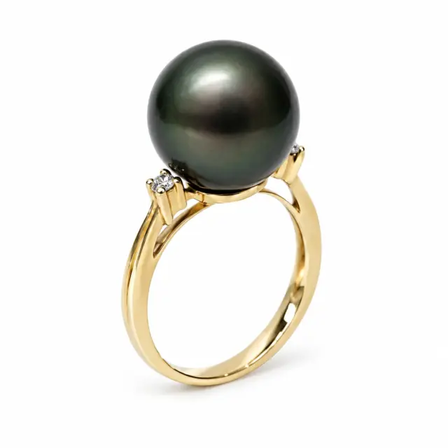 9ct Yellow Gold 13mm Tahitian Black Pearl Ring with Diamond Setting