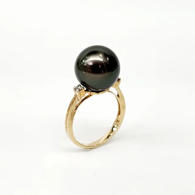 9ct Yellow Gold 13mm Tahitian Black Pearl Ring with Diamond Setting