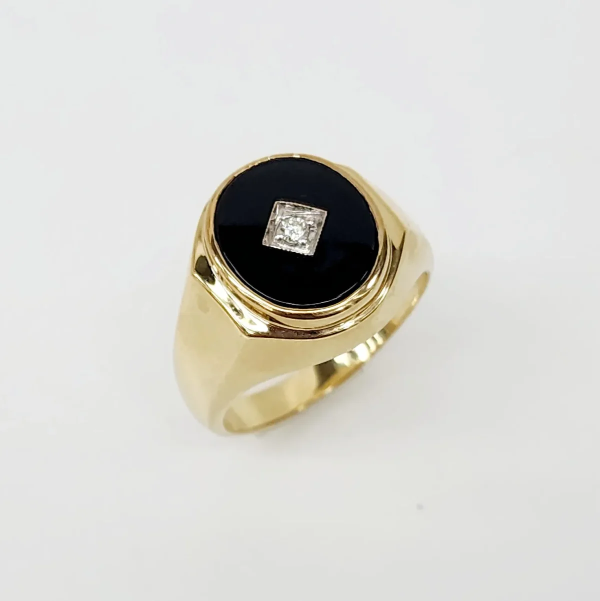 9ct Yellow Gold 14 x 12mm Oval Black Onyx and Diamond Gents Ring