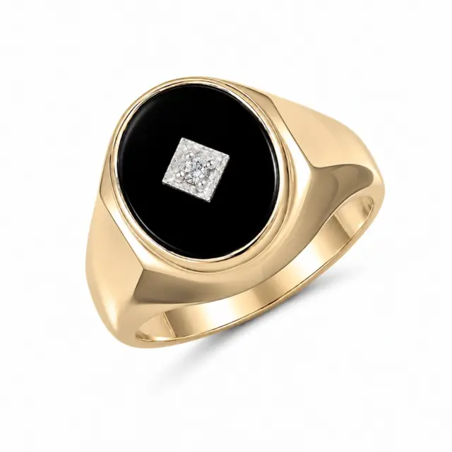 9ct Yellow Gold 14 x 12mm Oval Black Onyx and Diamond Gents Ring
