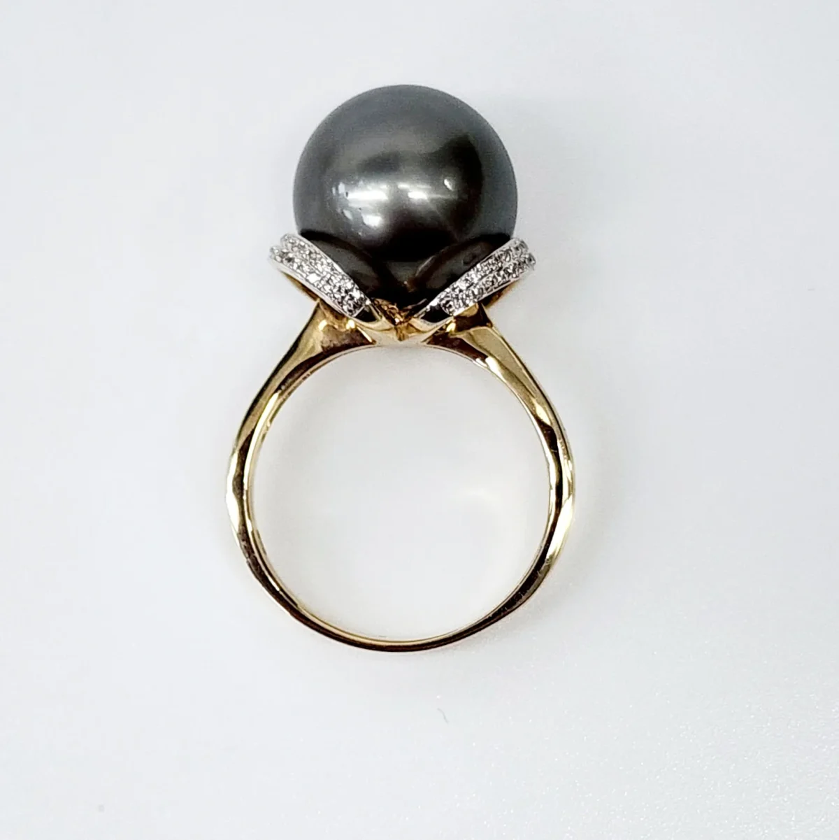 9ct Yellow Gold 14mm Tahitian Black Pearl Ring with Diamond Setting