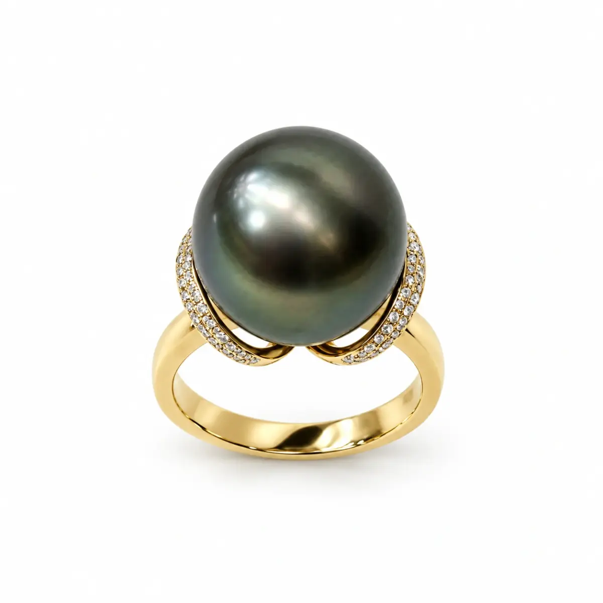 9ct Yellow Gold 14mm Tahitian Black Pearl Ring with Diamond Setting