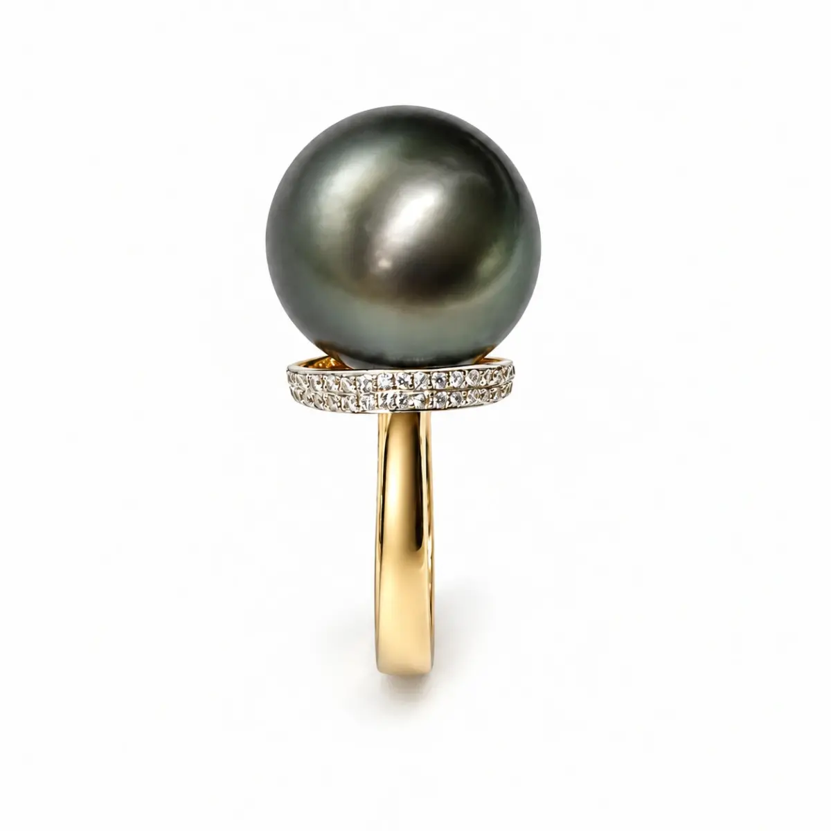 9ct Yellow Gold 14mm Tahitian Black Pearl Ring with Diamond Setting