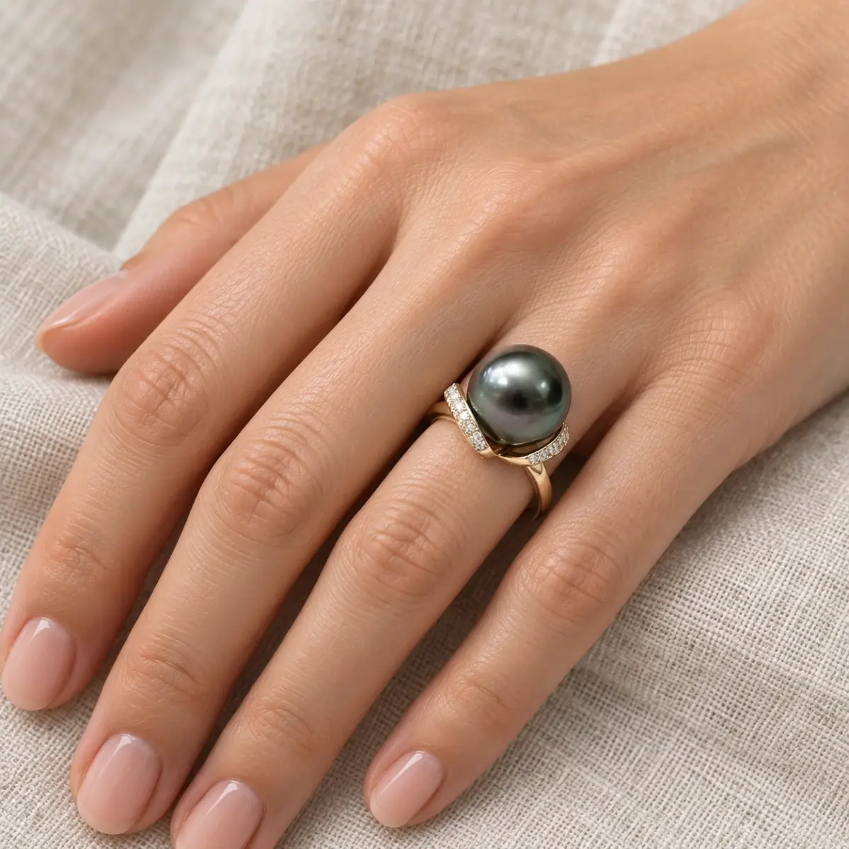 9ct Yellow Gold 14mm Tahitian Black Pearl Ring with Diamond Setting