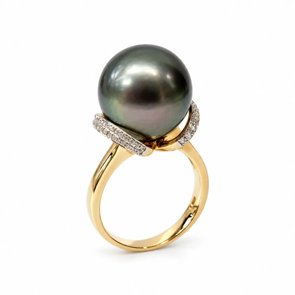9ct Yellow Gold 14mm Tahitian Black Pearl Ring with Diamond Setting
