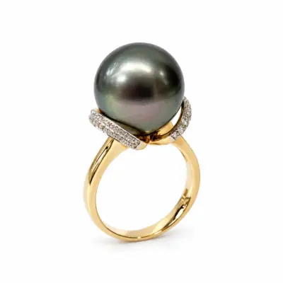 9ct Yellow Gold 14mm Tahitian Black Pearl Ring with Diamond Setting