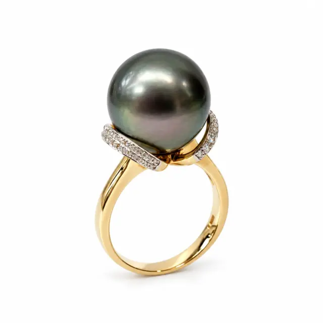 9ct Yellow Gold 14mm Tahitian Black Pearl Ring with Diamond Setting