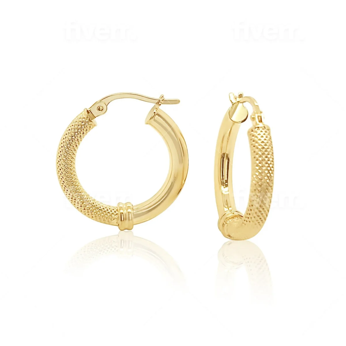 9ct Yellow Gold 15mm Diameter Half Round Plain & Frosted Hoop Earrings