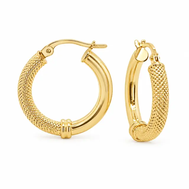9ct Yellow Gold 15mm Diameter Half Round Plain & Frosted Hoop Earrings