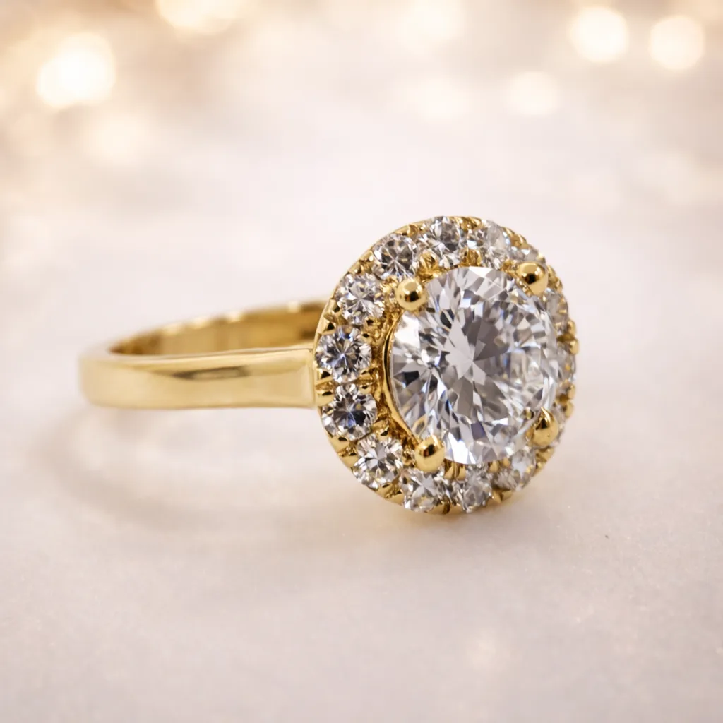 9ct Yellow Gold 2.05ct Lab Grown Diamond Halo Ring – 1.53ct Centre | EF VS Round Brilliant Cluster Ring - AURG854