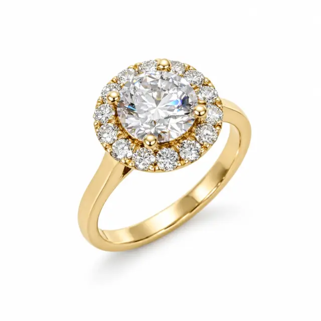 9ct Yellow Gold 2.05ct Lab Grown Diamond Halo Ring – 1.53ct Centre | EF VS Round Brilliant Cluster Ring - AURG854