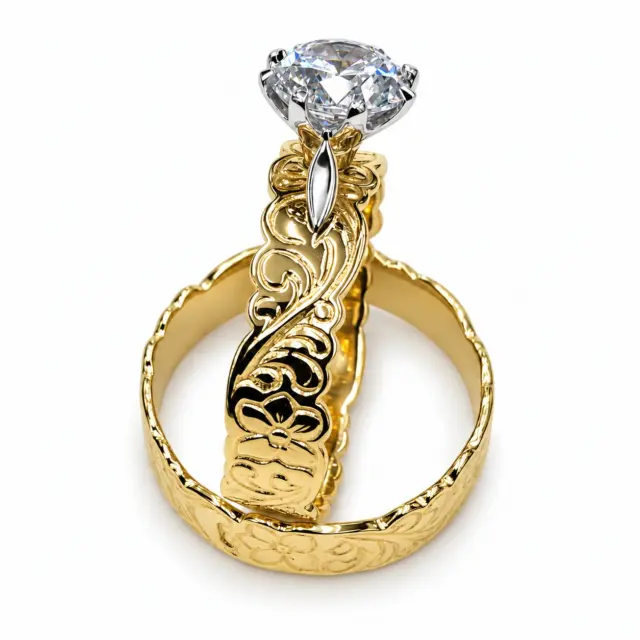 9ct Yellow Gold 2 Piece Hawaiian Design 5mm Wide Set With 7.50mm Round Cubic Zirconia Stone Setting