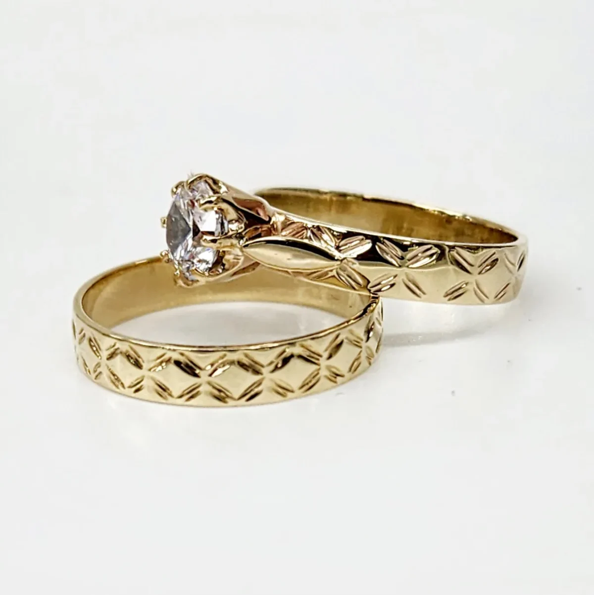9ct Yellow Gold 2 Piece Wedding Set with Polynesian Design and Cubic Zirconia Setting