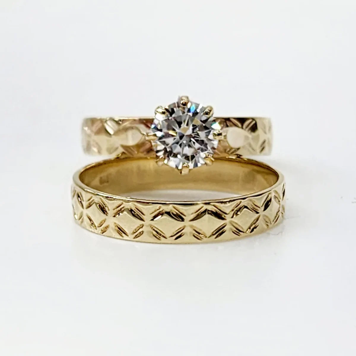 9ct Yellow Gold 2 Piece Wedding Set with Polynesian Design and Cubic Zirconia Setting