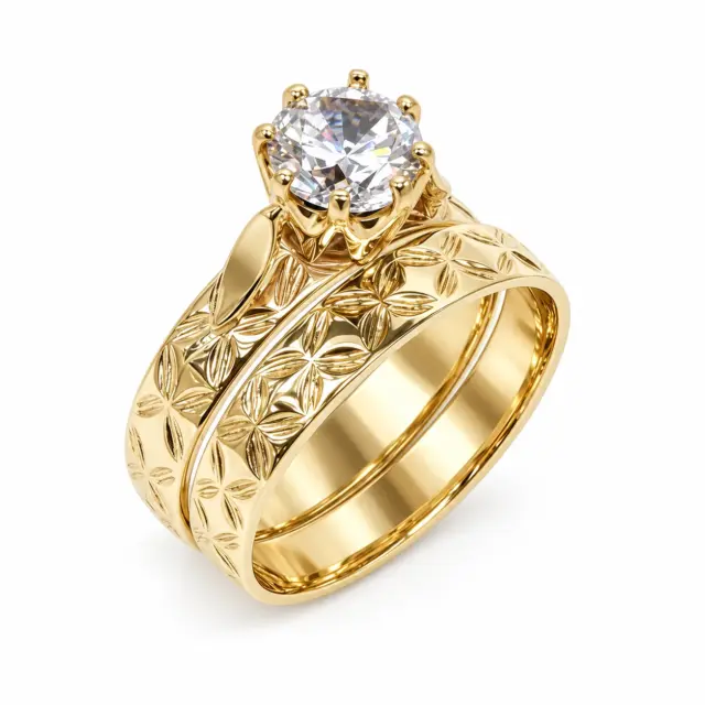9ct Yellow Gold 2 Piece Wedding Set with Polynesian Design and Cubic Zirconia Setting