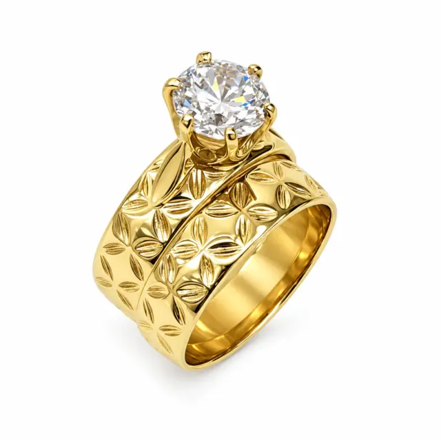 9ct Yellow Gold 2 Piece Wedding Set with Polynesian Design and Cubic Zirconia Setting