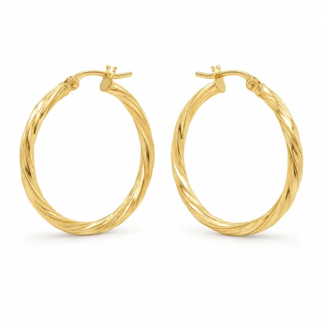 9ct Yellow Gold 25mm Diameter Twist Round Hoop Earrings