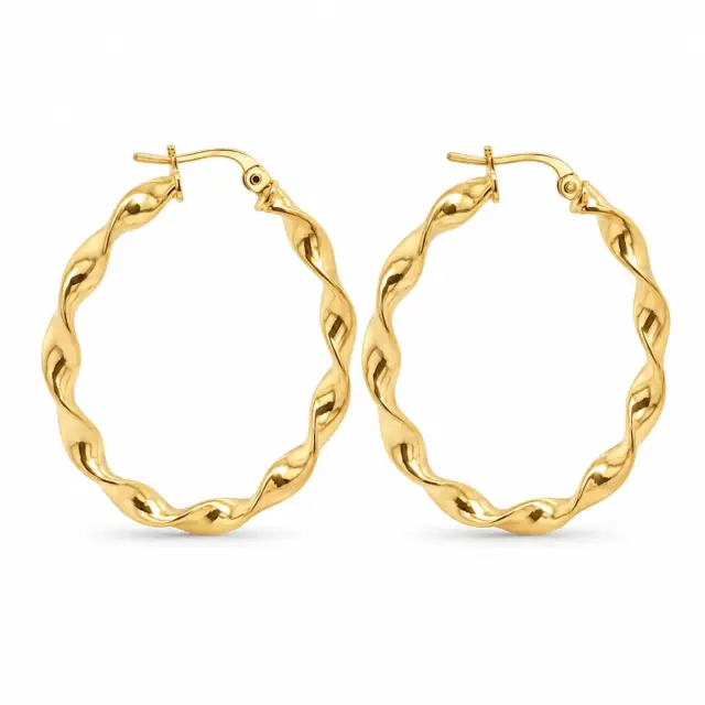 9ct Yellow Gold 25mm Twisted Plain Oval Hoop Earrings - 5ER0091
