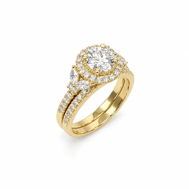9ct Yellow Gold 2PC Lab Grown Diamond Bridal Set 1.70CT TDW – Halo Round & Marquise Design - AURG1856