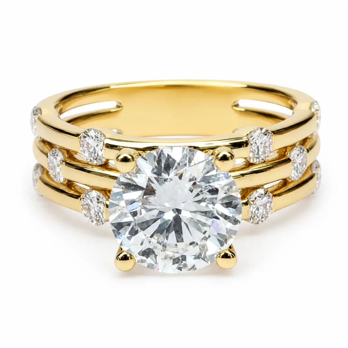 9ct Yellow Gold 3.84ct TDW Lab Grown Diamond Triple Row Engagement Ring – 3.02ct E/VS1 Centre