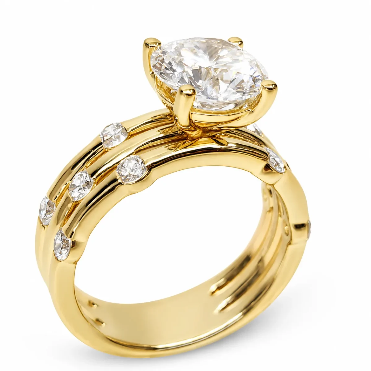 9ct Yellow Gold 3.84ct TDW Lab Grown Diamond Triple Row Engagement Ring – 3.02ct E/VS1 Centre