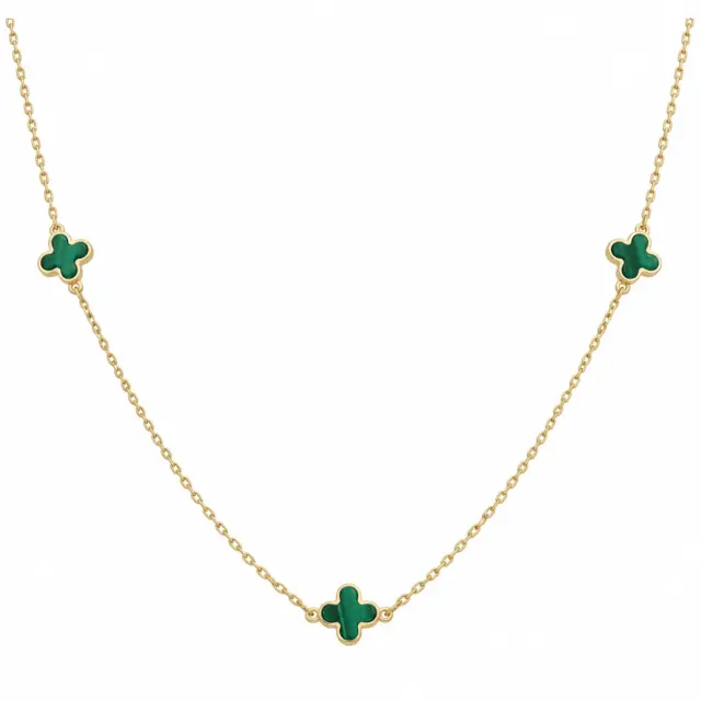 9ct Yellow Gold 3 Malachite Clover Petal Necklace 41-43cm - 9CT3MAL
