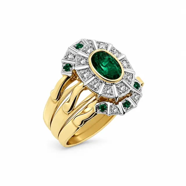 9ct Yellow Gold 3 Piece Ring Set with Created Emerald and 0.10ct Diamond Setting