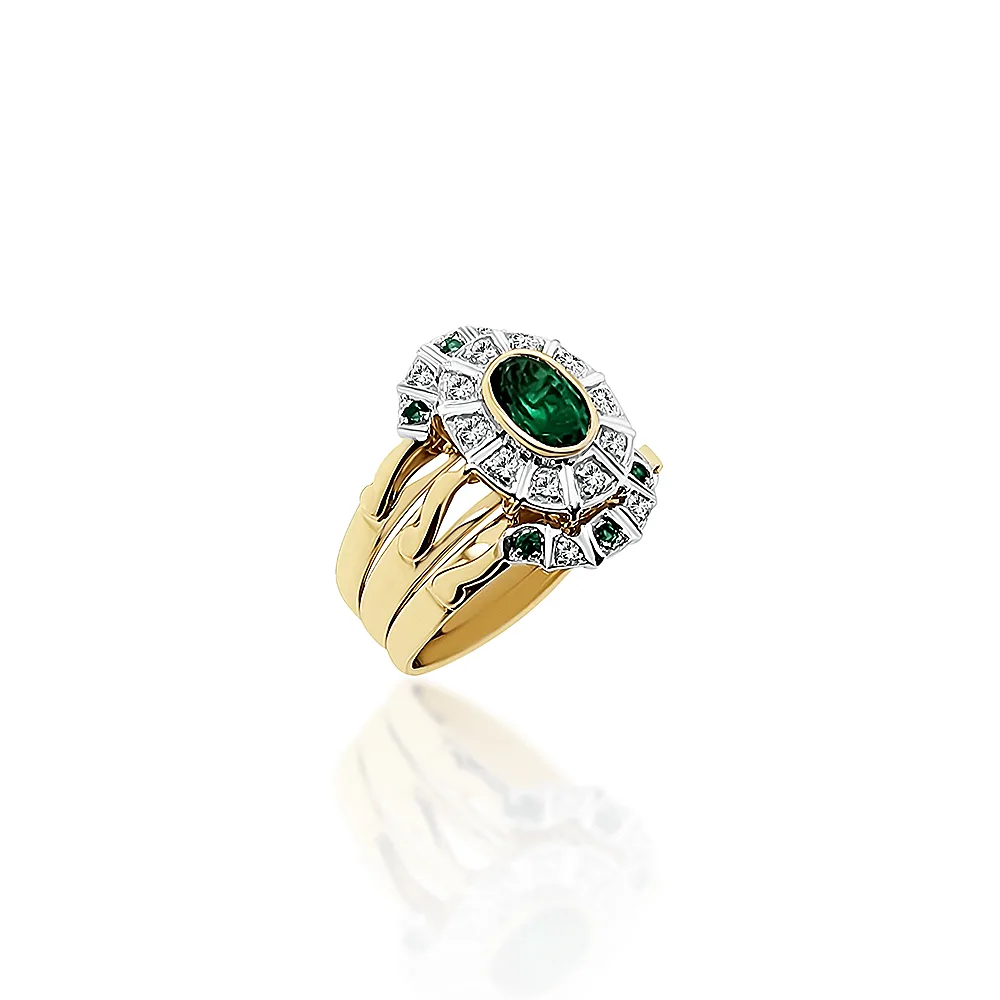 9ct Yellow Gold 3 Piece Ring Set with Created Emerald and 0.10ct Diamond Setting