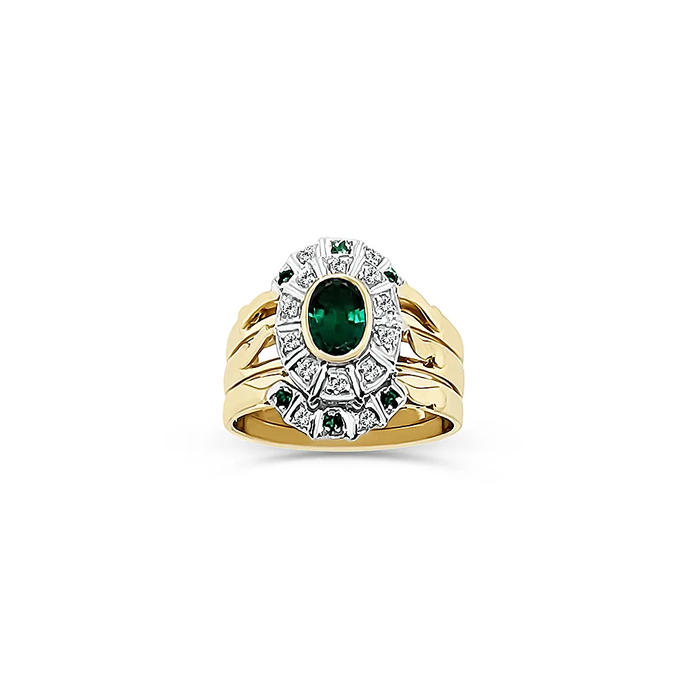 9ct Yellow Gold 3 Piece Ring Set with Created Emerald and 0.10ct Diamond Setting