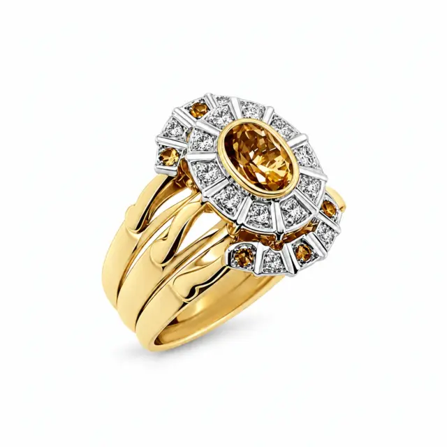 9ct Yellow Gold 3 Piece Ring Set with Oval Citrine and 0.10ct Diamond Setting