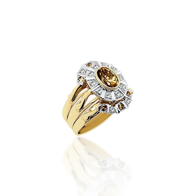9ct Yellow Gold 3 Piece Ring Set with Oval Citrine and 0.10ct Diamond Setting