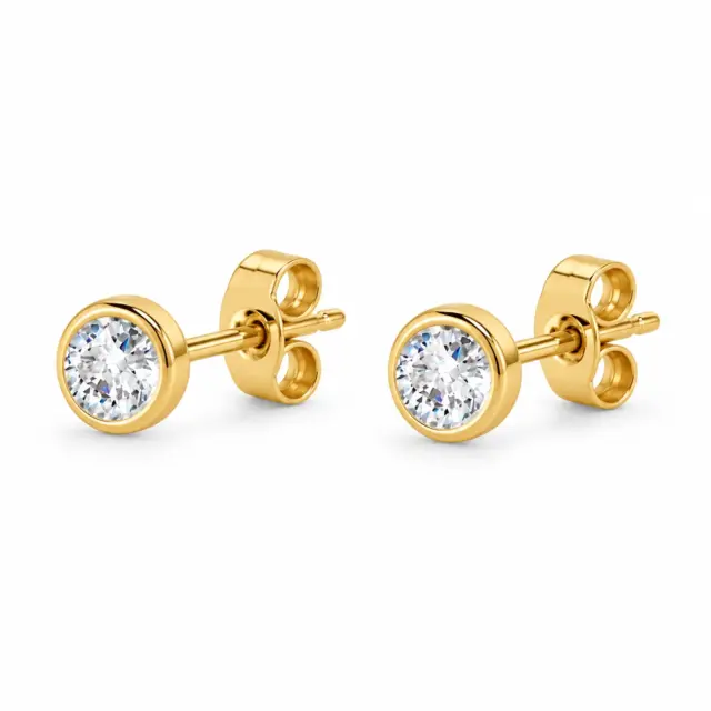 9ct Yellow Gold 3mm Round Bezel Set Cubic Zirconia Stud Earrings - IE1044