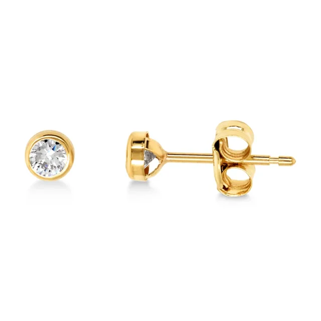 9ct Yellow Gold 3mm Round Bezel Set Cubic Zirconia Stud Earrings - IE1044