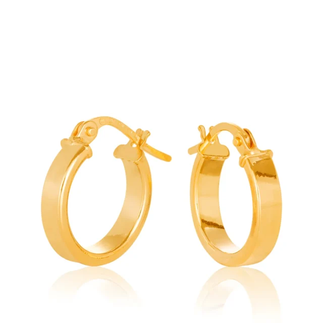 9ct Yellow Gold 3mm Wide Plain High Polished Square Edge 10mm Diameter Hoop Earrings