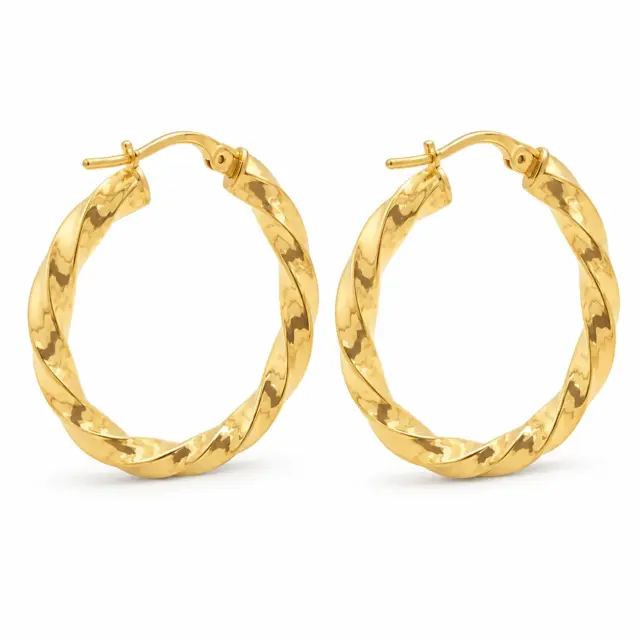 9ct Yellow Gold 3mm x 15mm Diameter Square Twist Hoop Earrings - 5ER0088