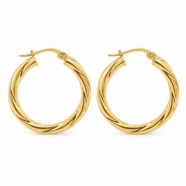 9ct Yellow Gold 3mm x 20mm Diameter Round Twist Hoop Earrings - 5ER0027