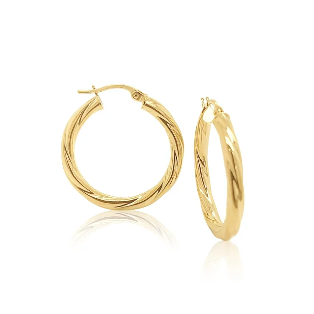9ct Yellow Gold 3mm x 20mm Diameter Round Twist Hoop Earrings - 5ER0027
