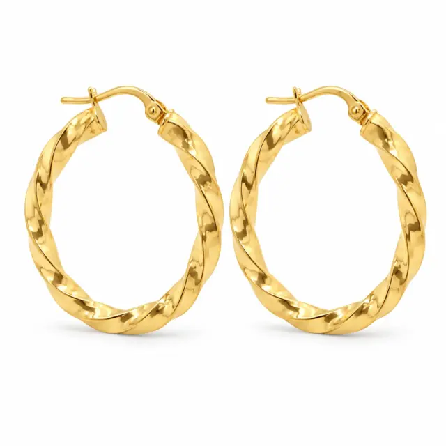 9ct Yellow Gold 3mm x 20mm Diameter Square Twist Hoop Earrings - 5ER0089